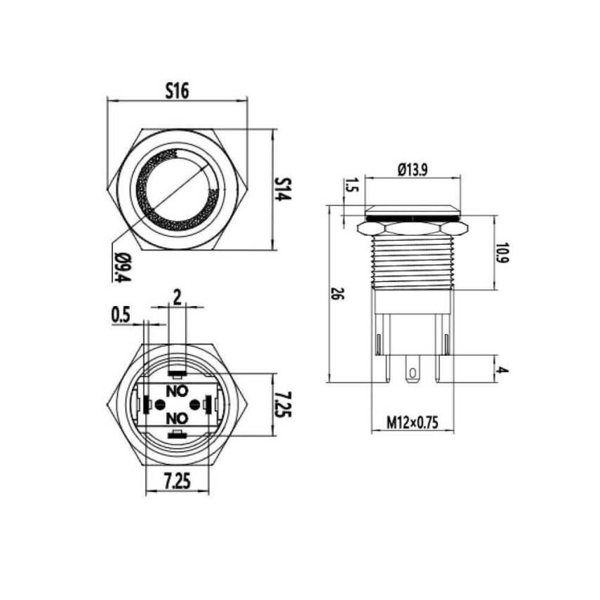 12A-P1Z-E Düz Anahtarlı Işıklı Metal Buton 12mm - Kırmızı - 2