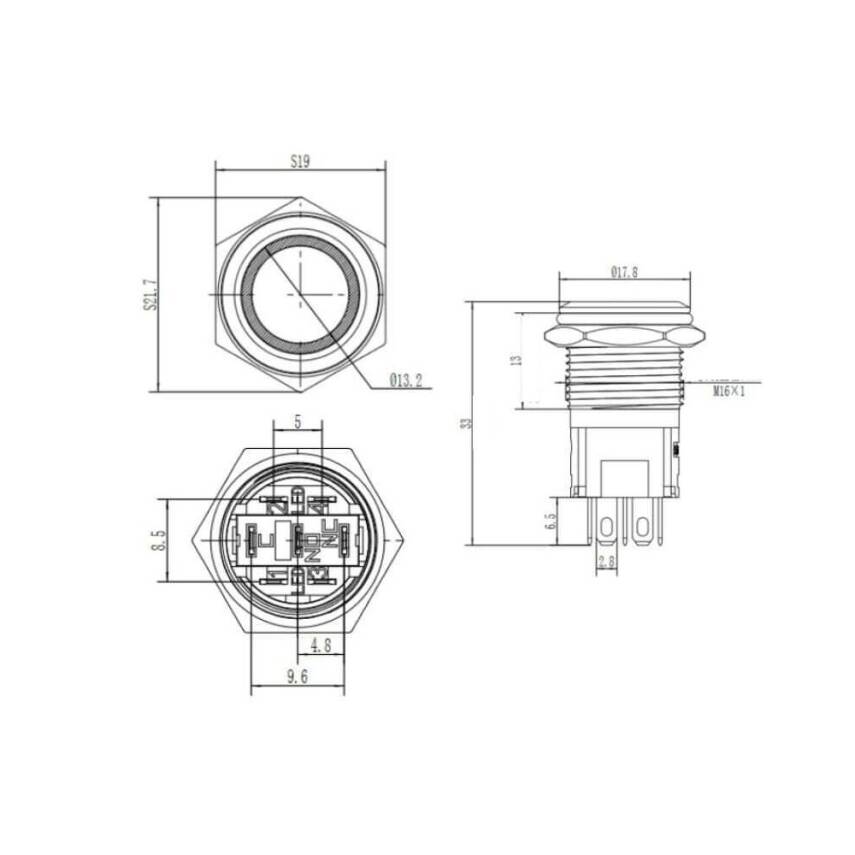 16A-P1Z-E Düz Anahtarlı Işıklı Metal Buton 16mm - Mavi - 2