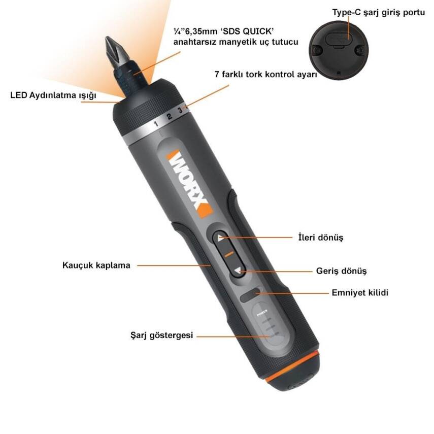 WORX Şarjlı Tornavida WX242 4V2Ah Li-ion Akıllı Tork Ayarlı + 30 Adet Bits Uç - 6